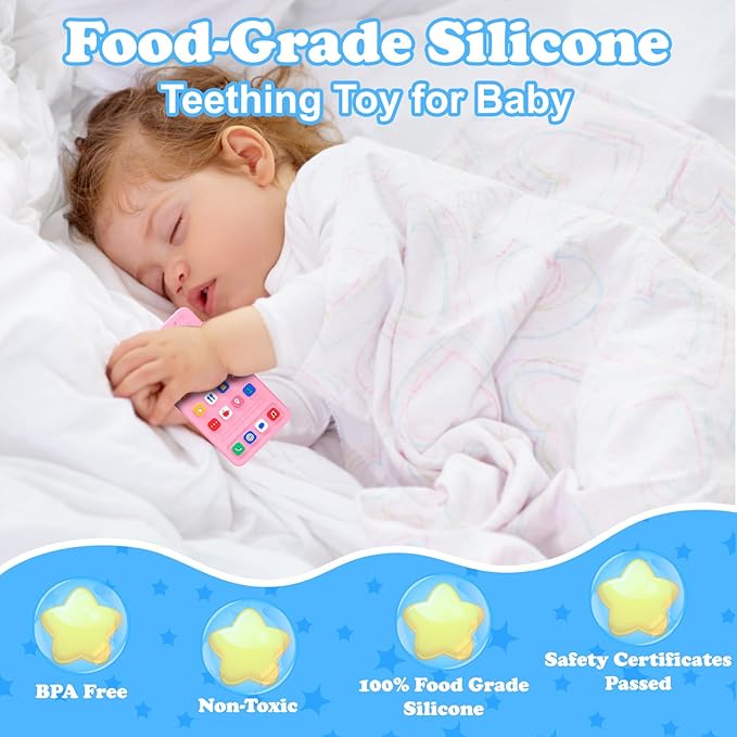 Baby Silicone Teething Toys, Phone Teether Toys for Toddlers 3-18 Months, Boys Girls Babies Teething Toy, Baby Chew Toy, Freezer BPA Free, Pink