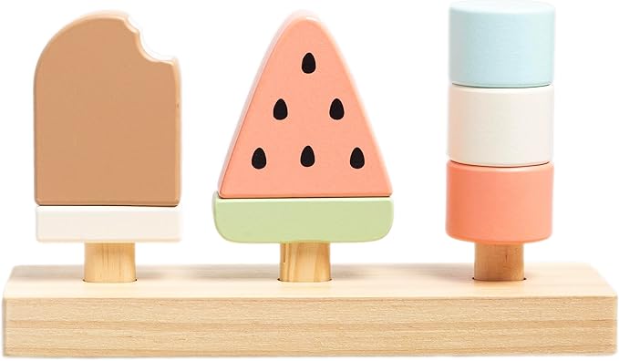 Pearhead Wooden Stacking Toy – Ice Cream Mix & Match Pretend Play Food, FSC-Certified, Montessori Toy Develops Fine Motor Skills & Hand-Eye Coordination, Boys and Girls, 1 Year Old+