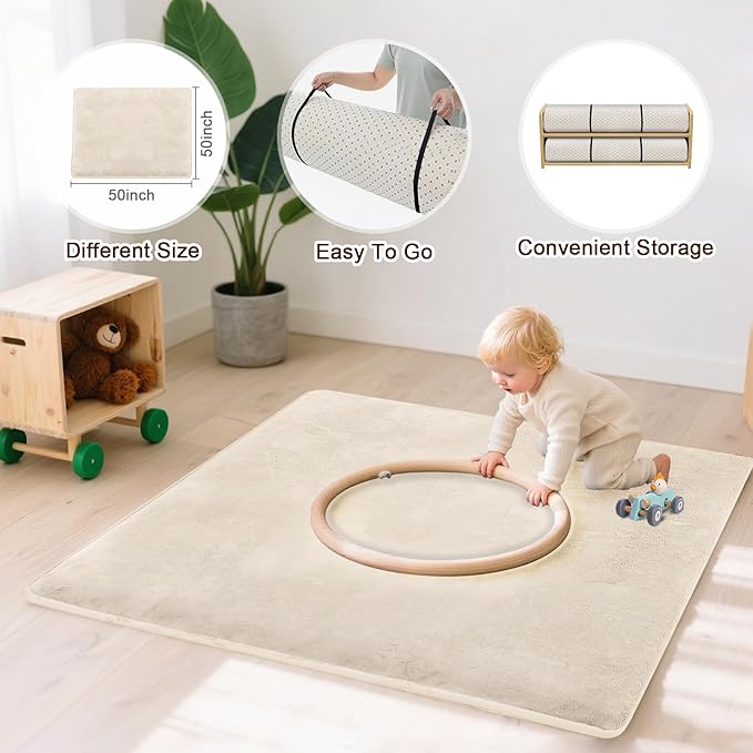 Baby Play Mat for Floor 59"x71", 1.3" Thick Memory Foam Playpen Mat, Ultra Soft Coral Velvet, Non-Slip & Water-Resistant, Ideal for Crawling & Play for Infants, Toddlers & Kids