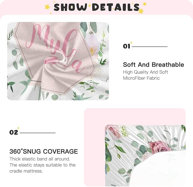 Personalized Mini Crib Sheets with Name, Custom Name Baby Pack and Play Sheets for Girls, Name Pack n Play, Customized Soft Fitted Sheet with Name (Floral), 39x27x5 Inch