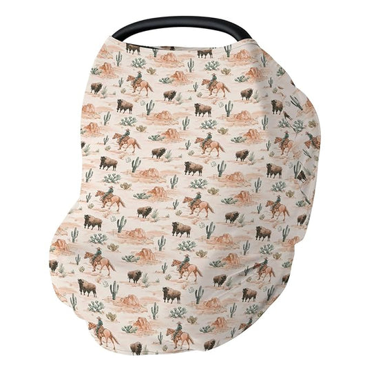 Vintage Cowboy Buffalo Car Seat Covers for Babies Retro Bison Cactus Stretchy 5-in-1 Cover Adjustable Car Canopy Breastfeeding Cover Western Desert Breathable Nursing Cover-Up