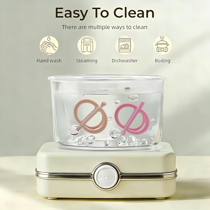 2-Pack Baby Teething Toys, Food Grade BPA-Free Silicone Baby Teether for 3-18 Months, Ring-Shaped Teething Toy for Babies, Multi-Textured Choke-Proof Easy Grip Teether for Infants (Khaki&Pink)