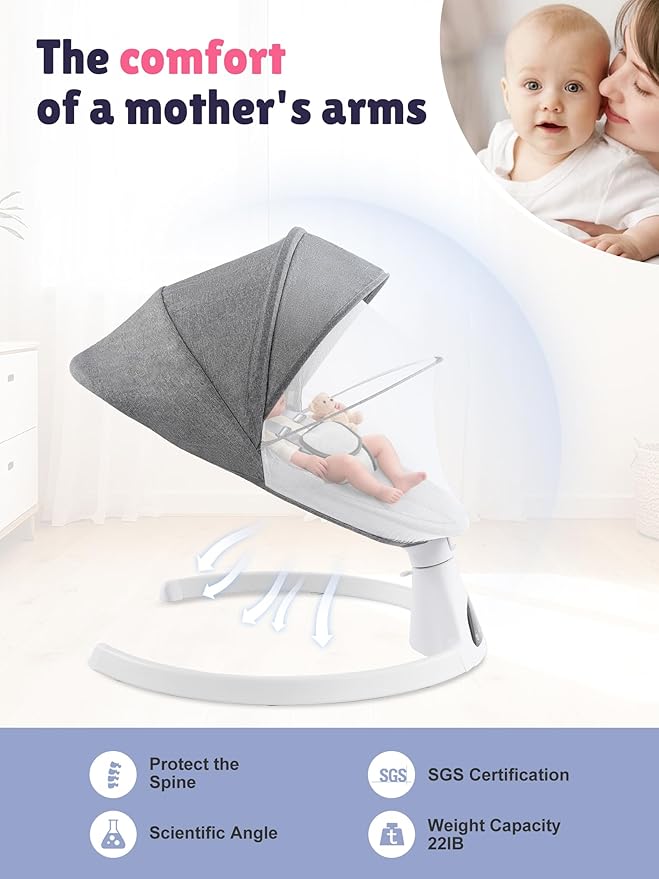 Baby Swing for Infants - Electric Portable Bluetooth Baby Rocker with 5 Speeds, 5-Point Harness, Remote Control, Timing & Music Speaker Max 20 Lbs (Gray)
