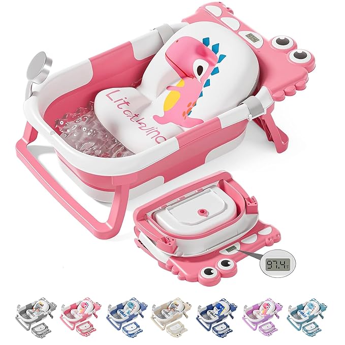 TPN Collapsible Baby Bathtub, Baby Bath Tub with Soft Cushion & Real-Time Thermometer, Baby Bathtub Infant to Toddler Tub (0-36 Months), Portable Newborn Travel Bath tub