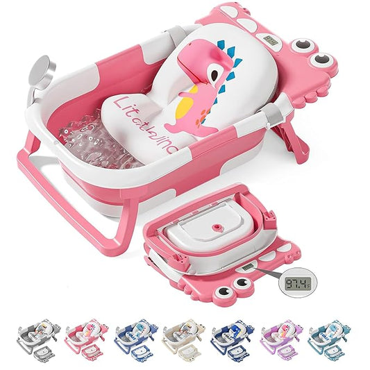 TPN Collapsible Baby Bathtub, Baby Bath Tub with Soft Cushion & Real-Time Thermometer, Baby Bathtub Infant to Toddler Tub (0-36 Months), Portable Newborn Travel Bath tub