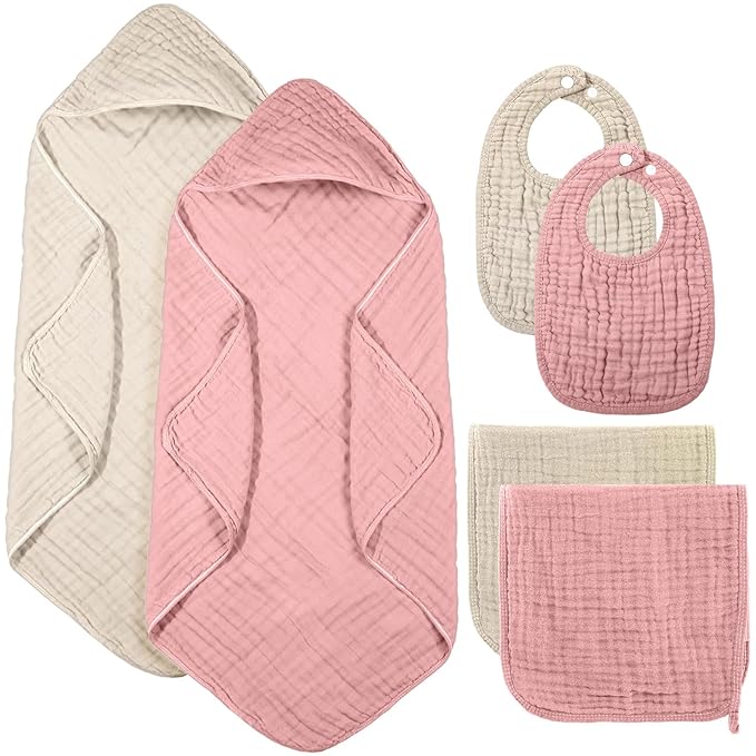 Hahafelt 6 Pcs Muslin Hooded Bath Towels Washcloths and Bibs Set, Muslin Cotton Baby Towels Absorbent Hooded Blanket Towel Infant Bibs for Boys Girls Newborn Infant Essential(Pink, Brown)