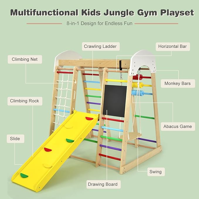 Costzon Indoor Playground, 8-in-1 Montessori Jungle Gym Beech Wood Climbing Toys for Toddlers w/Double-Sided Slide, Climbing Rock/Net, Indoor Playground Climber Playset for Kids 3+ Years (Rainbow)