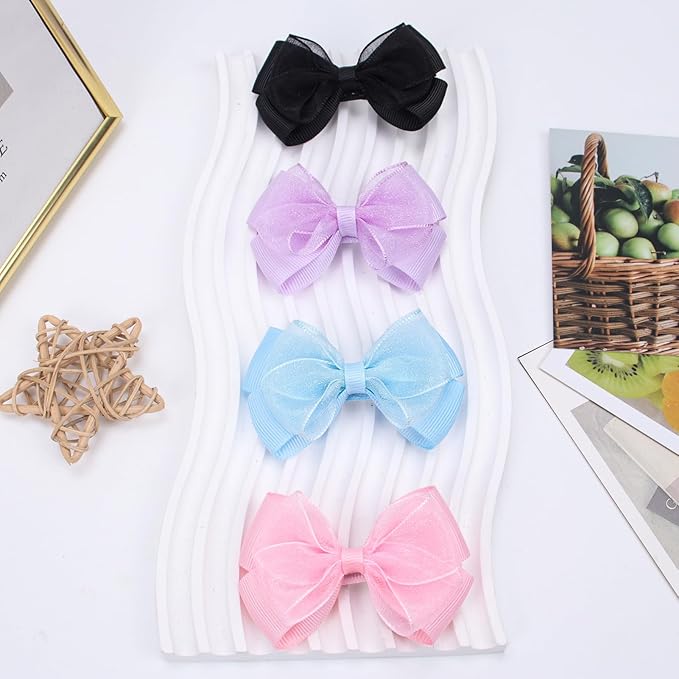 Tiny 3 Inch Organza Double Hair Bow Clips - Lined Boutique Alligator Hairpin for Baby Girls, Toddlers, and Little Teens - Kids Barrettes Set of 2 Small Stylish (Light Pink)