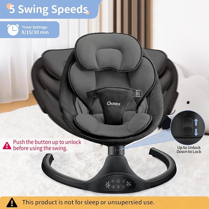 LAREX Baby Swing Infant Swing Electric Toddler Baby Rocker Portable for Newborn Boy Girl, 5 Sway Speeds with Remote Control, 10 Preset Melodies and Bluetooth, 0-6 Months Max 20 Lbs