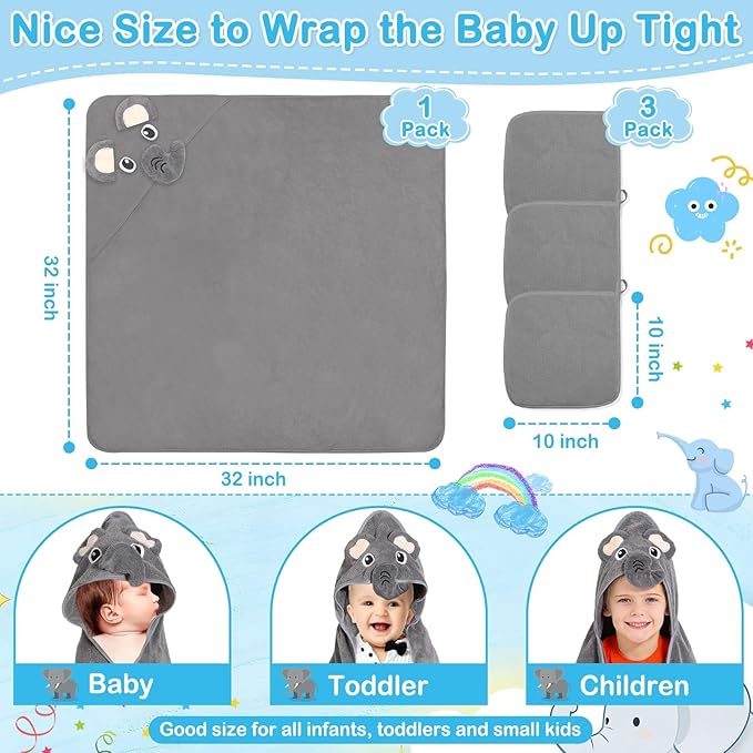 Flasoo 4 Pcs Baby Towels and Washcloths Set, 1 Pcs Animal Hooded Baby Towels & 3 Pcs Baby Washcloths for Newborns, Toddlers, and Kids, Soft Absorbent Hooded Bath Towel for Boys & Girls (Gray Elephant)