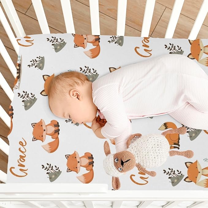 Personalized Cute Fox Pack N Play Sheets Fitted for Standard Pack and Plays, Mini Cribs, Playard,Playpen - Customized Name Mini Cribs Mattress Fitted Sheet for Baby Girls Boys - Soft Breathable