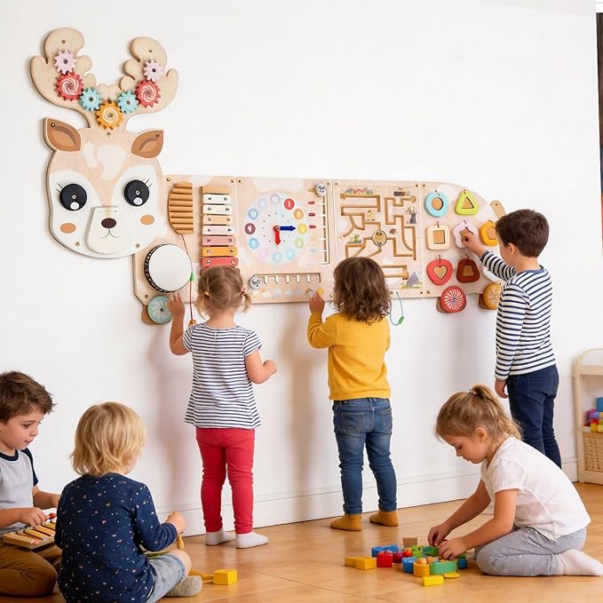 Reindeer Activity Wall Busy Board Panels,12-in-1 Wooden Sensory Wall Panel for Kids, Wooden Montessori Learning Activity Center Sensory Toys for Playroom, Preschool, Daycare, Nursery, Classroom