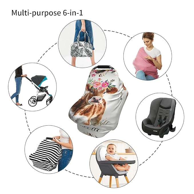 Personalized Cow Baby Car Seat Cover with Name,Multi-Use Canopy for Nursing, Strollers,Shopping Carts,Customized Breastfeeding Cover, Full Privacy,Infant Stroller Cover