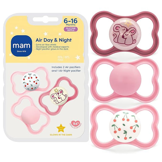 MAM Air Pacifier for Babies 6-16 Months, Extra Air Flow for Sensitive Skin, Glows in The Dark, Developed with Medical Experts, BPA-Free Skin Soft Silicone, 3 Count, Made in Europe