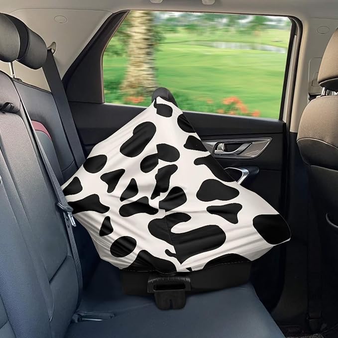 Beige Cow Nursing Cover Carseat Covers Baby Car Seat Cover for Girls Boys, Stretchy Car Seat Canopy Multiuse Nursing Breastfeeding Protectors, All-in-1