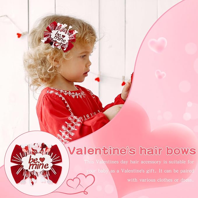 CN 4PCS Valentines Day Hair Bows for Girls Red Pink Love Heart Hair Clips Grosgrain Ribbon with Alligator Clips Hair Accessories for Kids Toddler Teens on Valentines Birthday