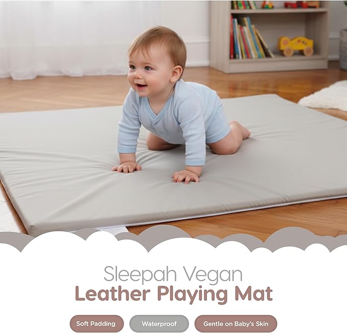 Sleepah Vegan Leather Baby Play Mat, 50x50 Thicken Foam Cushioned & Waterproof Playpen Mat for Infants and Toddlers, Stylish and Just Wipe-Clean Playmat for Baby Play on Floor Grey