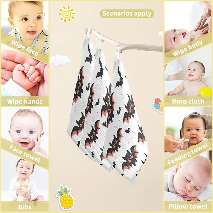 vvfelixl Cute Bats Cartoon Baby Burp Cloths Baby Muslin Washcloths for Boys Girls Cotton Baby Face Towel for Newborn Infants Soft and Absorbent 11.8 X 11.8 in, 5 Pack