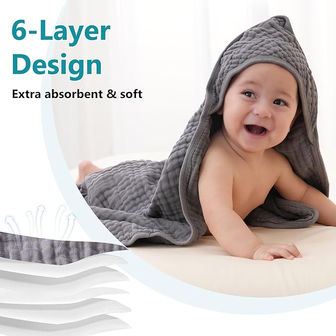 PHF 2 Pack Baby Hooded Towels, 100% Muslin Cotton Baby Bath Towel with Hood for Newborn, Infant, Toddler, Ultra Soft and Absorbent Baby Essentials Bath Towels for Boys Girls, 32x32Inch, White & Grey