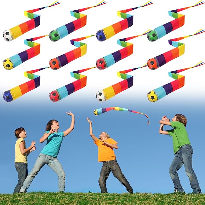 Leyndo 12 Pcs Throw and Catch Soccer Balls with Rainbow Tail, Fun Colorful Sports Comet Balls Playground Toys for School Classroom Beach Outdoor Camping Healthy and Fun Games, 23.6 Inch Long