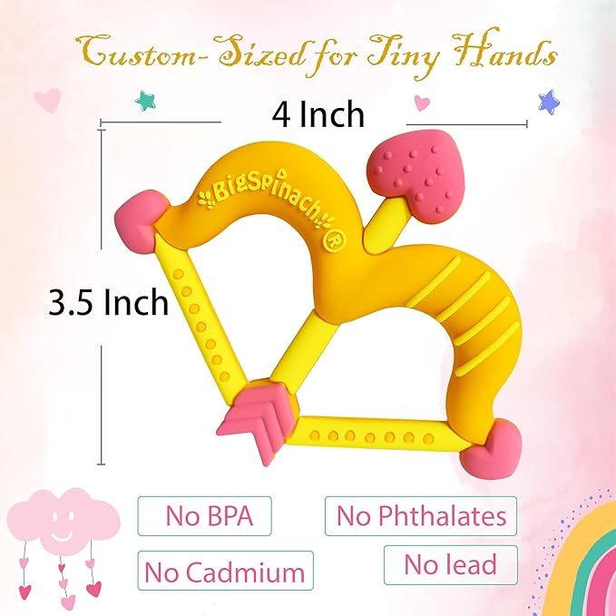 BIGSPINACH Teethers Heart Shape Silicone Baby Teether Toy Easy for Little Hands to Hold,Cupid Bow and Arrow Soft Teething Toy for Infants,Valentine's Gift for Girl or Boy (Yellow)