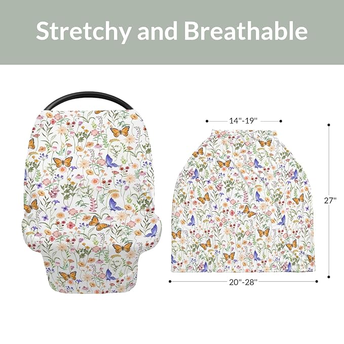 Vintage Wildflowers Butterflies Car Seat Cover for Babies Colorful Spring Blossoms Stretchy 5-in-1 Cover Adjustable Infant Carseat Canopy Cover Retro Wild Plant Breathable Nursing Cover-Up