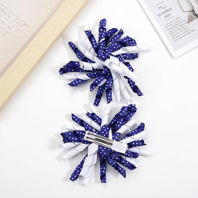 Yxiang 2PCS Indigo Korker Bows for Girls 3'' Curly Bow Hair Clip Ribbon Ponytail Bows Alligator Clip Hair Barrette for Girls Toddlers Kids