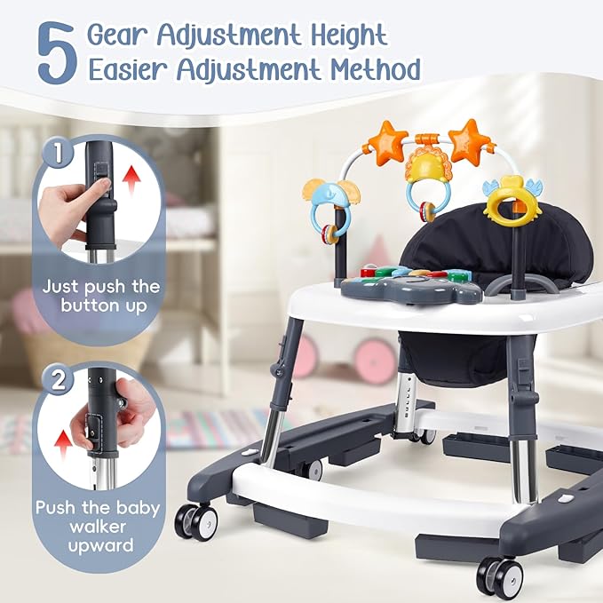 5 in 1 Baby Walker Foldable Music and Lights with 5 Adjustable Heights, Baby Walker with Wheels Portable, Infant Toddler Walker for Baby Boy Girls 6-18 Months (D-Grey)