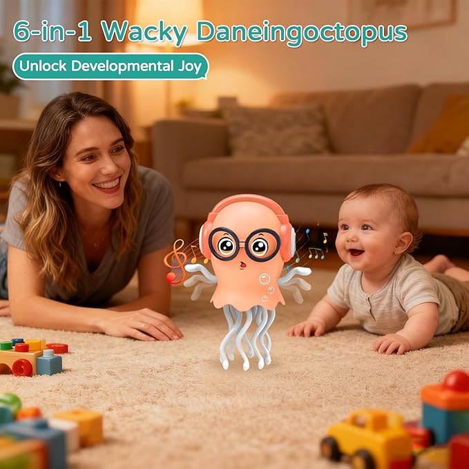 Magic Electric Dancing Jellyfish Toy with Led Light and Music,Playful Automatic Steer Crawling Dancing Baby Toy with Smart Tentacle Explorer,Octopus Toy,Tummy Time Toys (Orange)