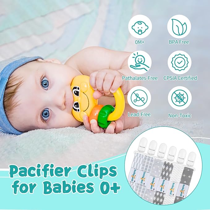 babygoal Neutral Grey Pacifier Clips, 6 Pack Binky Paci Holder Clip Leashes Fits for Most Baby Pacifiers and Binkies