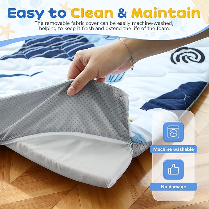 omzer Baby Play Mat, 47x47 Inch Removable & Machine Washable Cover for Easy Clean, 1.2" Thick Elasti-Foam Playpen Mat for Infants Toddlers, Non-Slip Floor Cushion for Safe Crawling - Blue