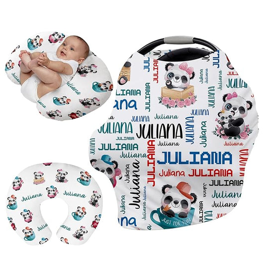 Personalised 7 in 1 Car Seat Cover for Girls and Boys - Multipurpose Breast Feeding Cover, White Panda Print Nursing Cover, Grocery Cart Cover - Birthday Gift for Babies(27"x29")