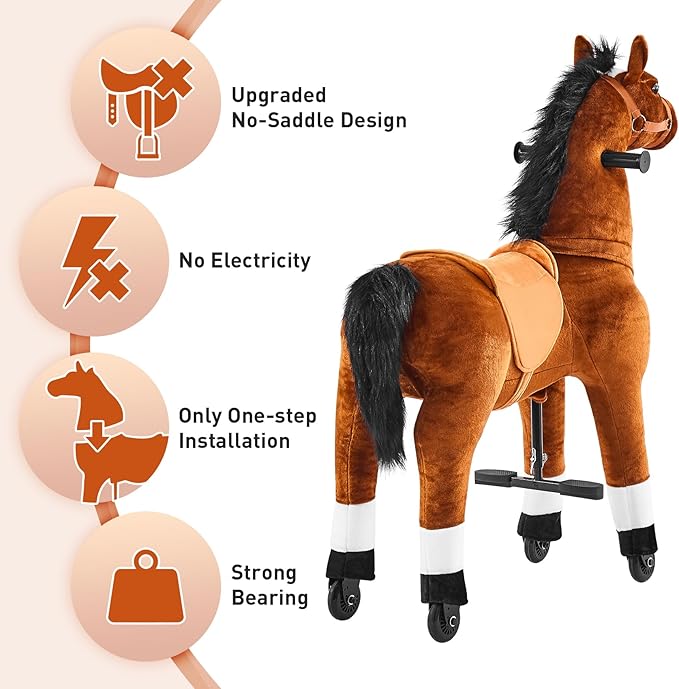 Ride on Horse Toy for Kids Riding Horse Pony Rider Mechanical Cycle Walking Action Plush Animal for 4 to 9 Years, No Battery or Electricity,Max Load 165 LBS, Medium Size