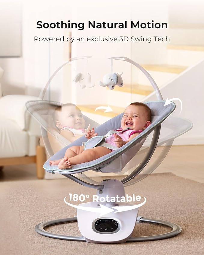 Momcozy CocoSway Baby Swing, Electric Swing for Infants with 180° Rotating Seat, 6 Soothing Sway Motions & 4 Speeds, Remote & Touchscreen, 8 Preset Lullabies, Grey