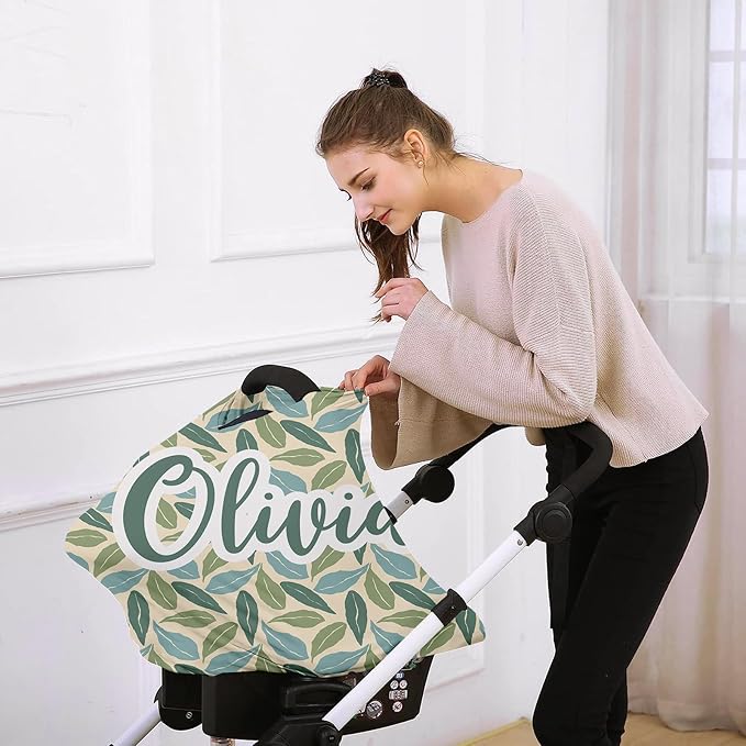 Custom Car Seat Covers for Babies - Breathable Baby Car Seat Cover for Girls Boys, Green Print Kick-Proof Newborn Carrier Canopy Stretchy Stroller Cover for 4 Seasons