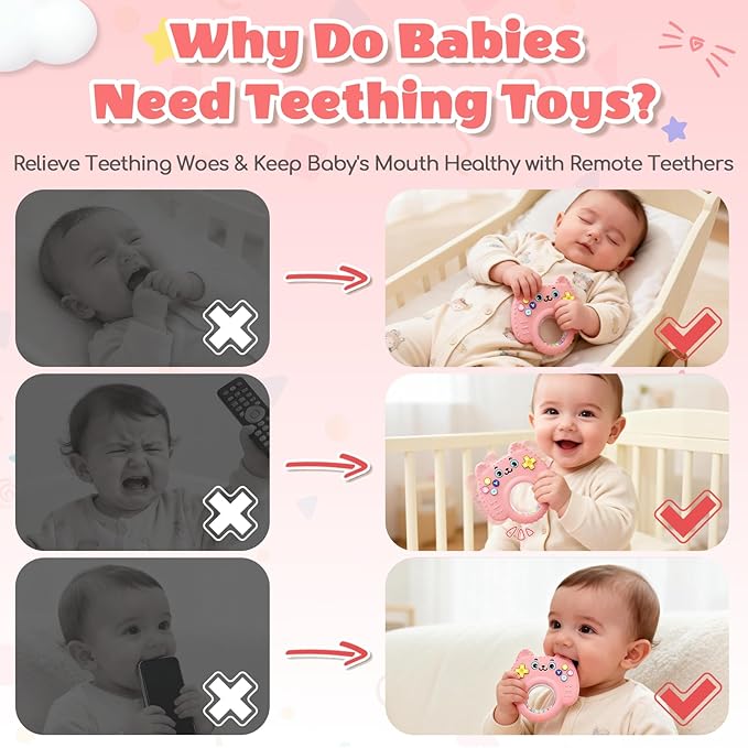 Silicone Baby Teething Toys for 0-6-12 Months, Kitten Remote Rattle Teether for Infant Gum Relief, No BPA Chew Toy for Infant 0-3-6-9-12, Easy-Grip Ring Gift for Travel & Bath