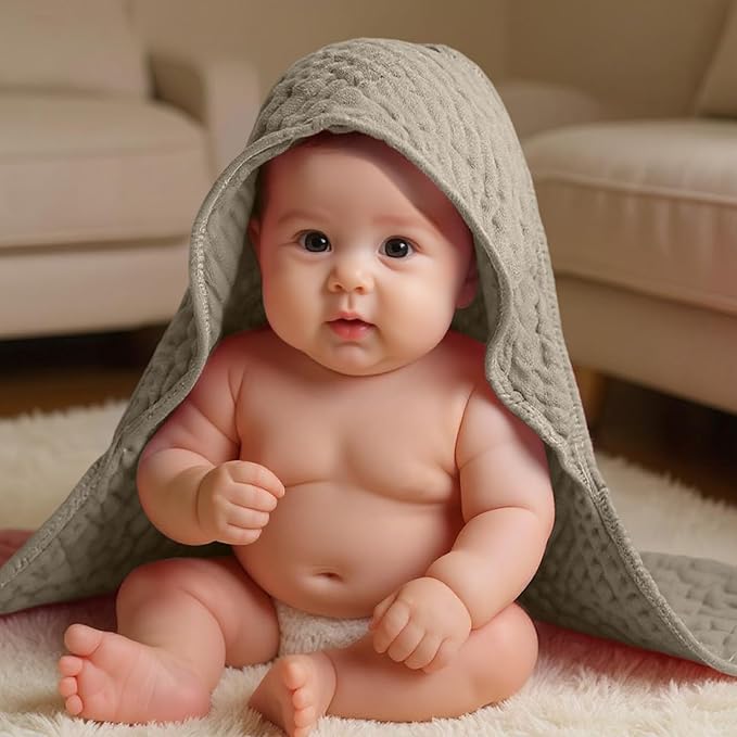 Peryiter 6 Pcs Muslin Hooded Baby Towels 32 x 32 Inch Cotton Newborn Bath Essentials Muslin Infant Blankets Absorbent Registry Gifts for Girl Boy Kids Baby Shower (Brown Series)