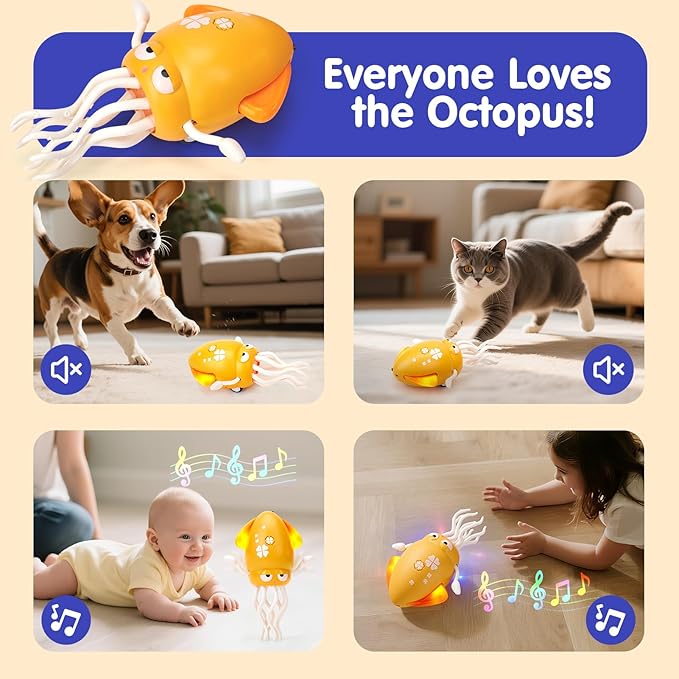 hahaland Dancing Octopus Baby Toys, Magic Musical Crawling Tummy Time Toy, Toddler Sensory Toys for 3 4 5 6 Year Old Boy Girl Birthday Gifts, Funny Squid with Led Light & Music