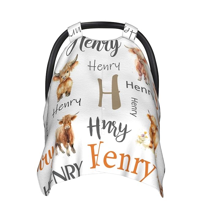 Personalized Baby Car Seat Canopy with Name Custom Minky Highland Cow Car Seat Covers Nursing Cover for Breastfeeding Multi-Use Cover Infant Carrier Carseat Winter Cover for Newborn Girls Boys