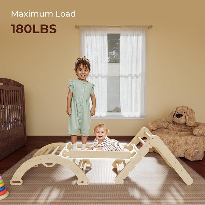 LINKHOO Pikler Triangle Set of 3, Wooden Montessori Climbing Set for Toddlers Ages 2-6, Indoor Jungle Gyms with Arch, Ramp and Ladder, Natural