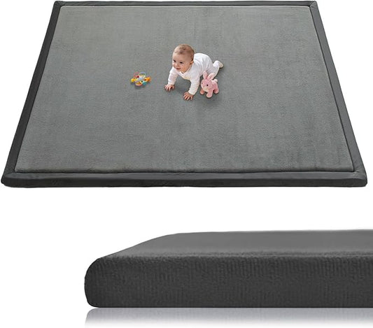 Baby Play Mat for Floor, 1.3 Inch Thick Memory Foam Tummy Time Mat with Non Slip Backing, Soft Coral Velvet 59X71 Inch Playpen Mat Crawling Tatami for Infants Toddlers Kids, Dark Gray
