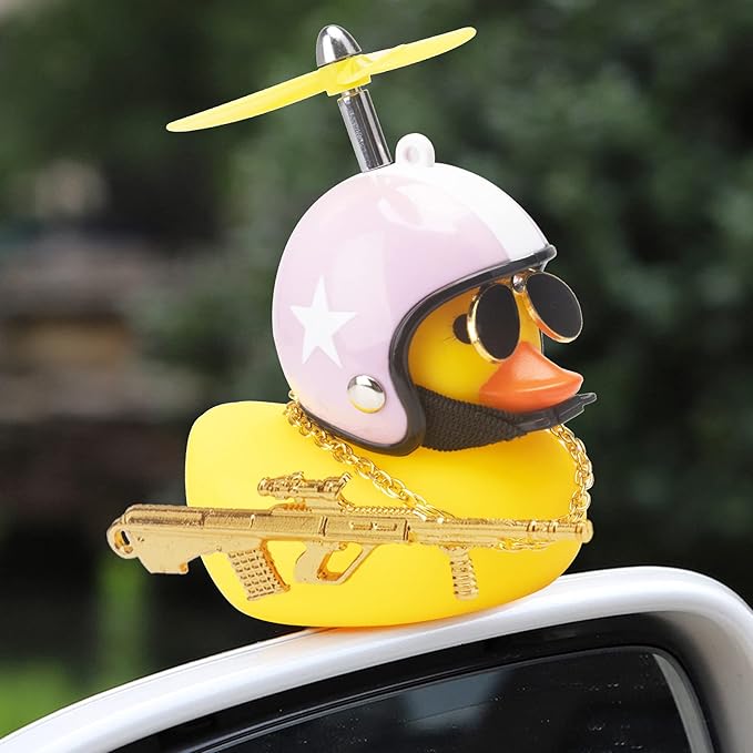 wonuu Rubber Duck Car Ornaments Cool Yellow Duck Car Dashboard Decorations Squeaky Glasses Duck with Propeller Helmet for Car ccessories Dashboard (Y-White&Pink-Yellow G)