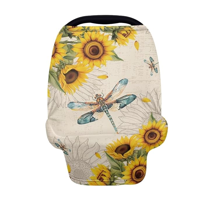 AFPANQZ Dragonfly Sunflower Baby Car Seat Covers for Girls Multifunctional Infant Car Seat Canopy Nursing Breastfeeding Scarf Shield Soft Breathable Stretchy 360 Coverage for Babies