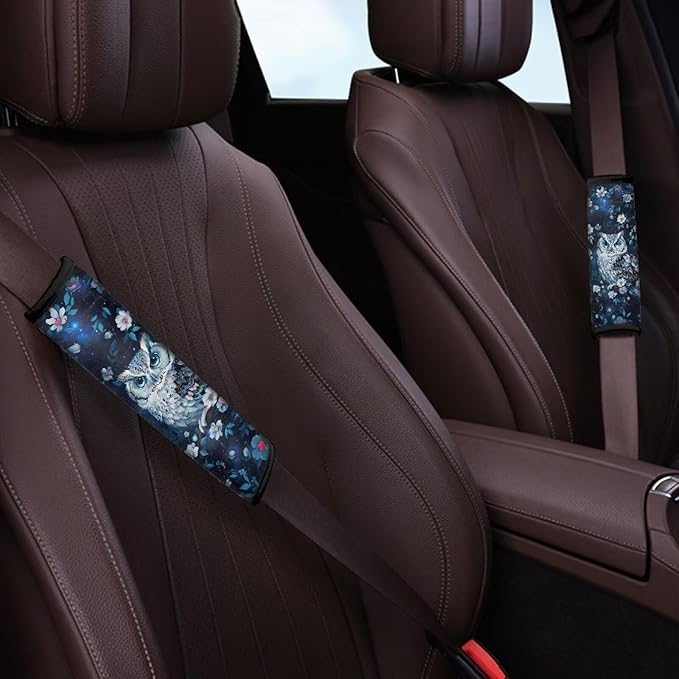 FOR U DESIGNS Car Seat Strap Covers for Kids and Adults, Trendy Seat Belt Cover Pad 2 Pack, Owl Flower Print Car Seatbelt Cushion Cover