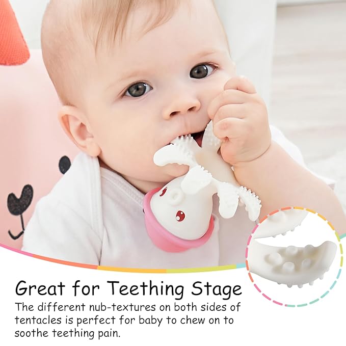 Mombella Octopus Squishy Silicone Teethers for Infants 3-18 Months, Baby Teething Toys, Perfect for Girl's Baby Shower Registry