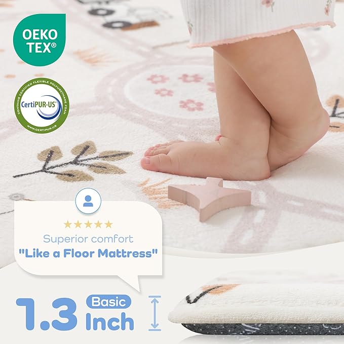 1.3" Thick Educational Baby Floor Play Mat 59x 71, Basic Padded Memory Foam Mat, Non-Slip Plush Playmat for Nursery Playroom Classroom (Car)