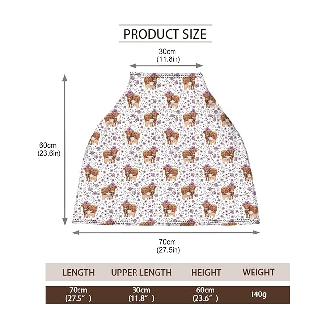 5-in-1 Unisex Western Cow Pattern Baby Carseat Stroller Cover for Boys Girls, Farm Highland Cow Flowers Floral Infant Toddler Privacy Nursing Breastfeeding Canopy, Grocery Shopping Cart Cover-24x28