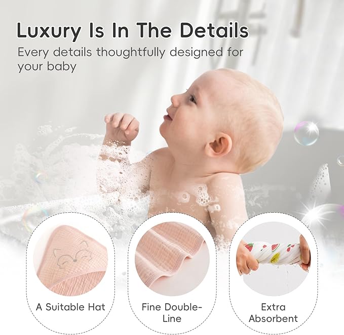 PHF 100% Muslin Cotton Baby Hooded Towels, 2 Pack Bath Towel with Hood for Newborn, Infant, Toddler, Ultra Soft and Absorbent Baby Bath Essentials, Shower Gifts for Girls, 32x32Inch, Fruits