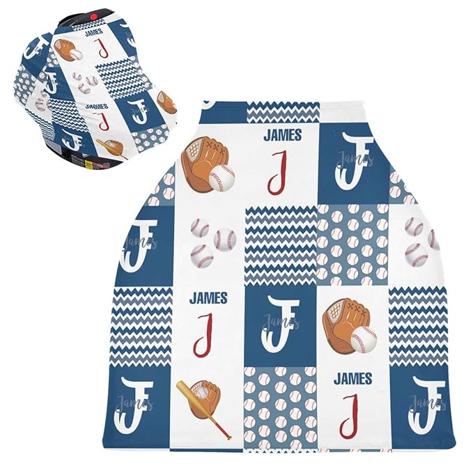 Personalized Multiuse Baby Car Seat Covers with Name, Custom Baseball Nursing Cover Breastfeeding Scarf for Babies, Carseat Canopy for Newborn Boys Girls, Infant Stroller Cover