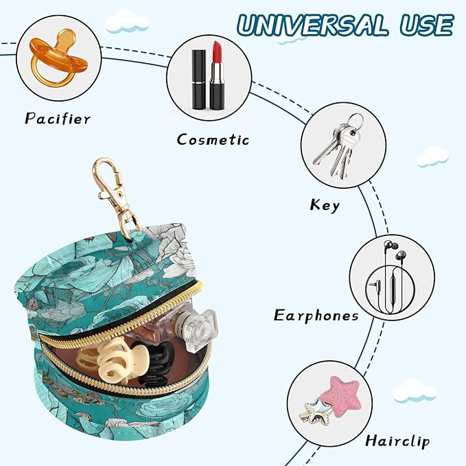 Pacifier Holder with Clip Pacifier Case for Diaper Bag Round Baby Pacifier Pouch Box Bag Portable Cute Teal Roses Bees